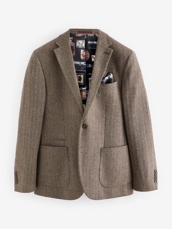 Next - Heren - Normale Pasvorm - Blazer met visgraatmotief en hoog wolgehalte - Bruin