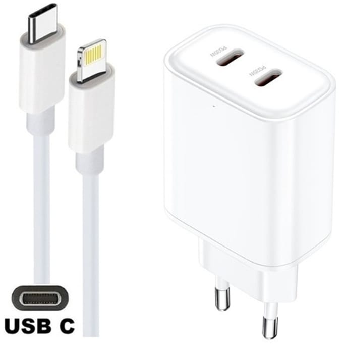 OneOne 35W snellader met 2 poorten USB C en USB C + 0,95m USB C naar Lightning kabel. Witte PD lader. Oplader adapter past op iPhone 8 t/m iPhone 14