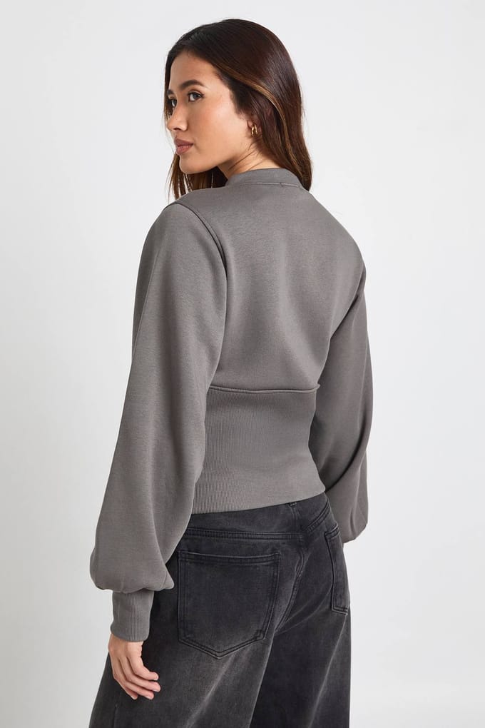 boohoo Dames Ballonmouw Sweatshirt met Getailleerde Taille en Drukknopen | Charcoal | Maat: Large