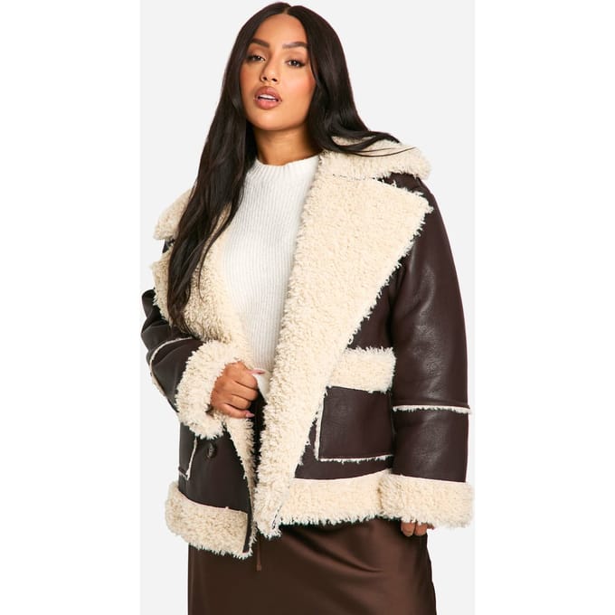boohoo Dames Plus Borg Trim Jacket | Chocoladebruin | Maat: 46