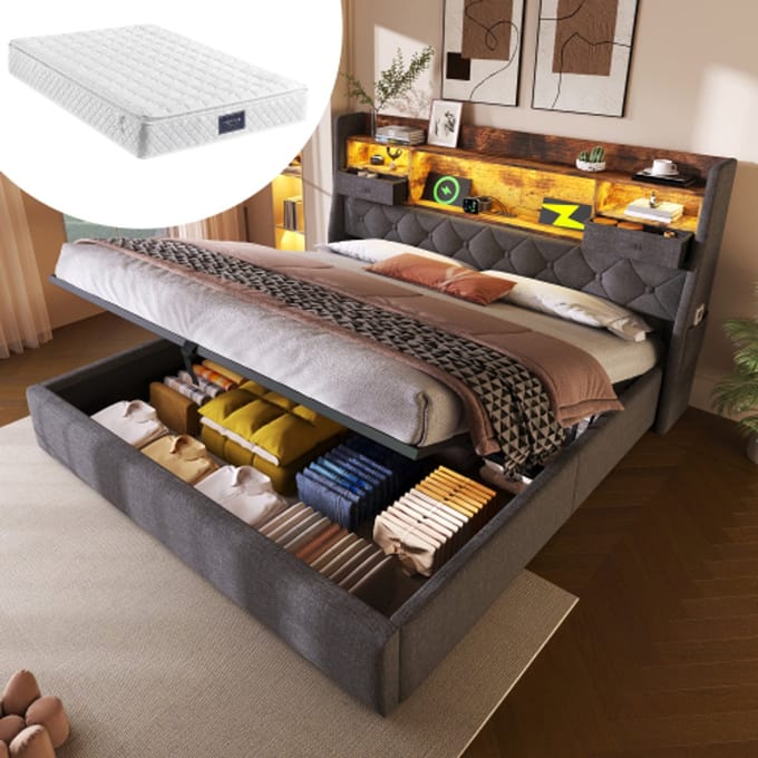 MODFU Gestoffeerd bed – 140x200 cm – Hydraulisch – Met LED & retro design – Grijs linnen