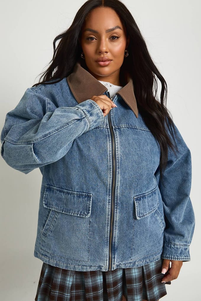 boohoo Dames Plus Denim oversized bomberjack | Mid Blue | Maat: 18