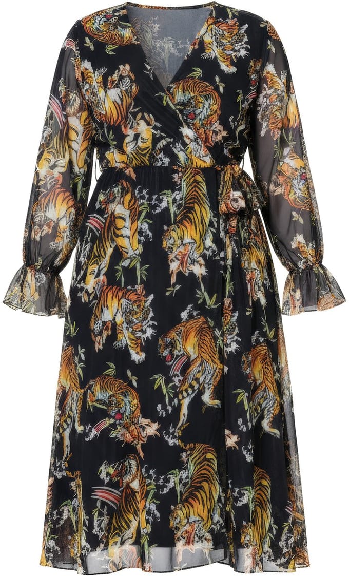 MIAMODA - Dames - Mesh midi-jurk A-lijn tijgerprint wikkeleffect - Zwart - Maat 60