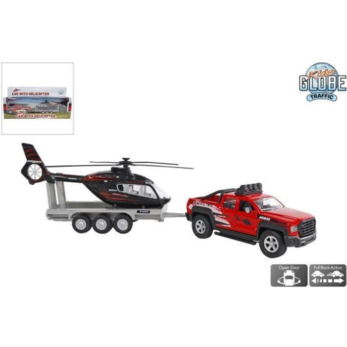 Kids Globe Terreinwagen met trailer met helicopter Voertuigen