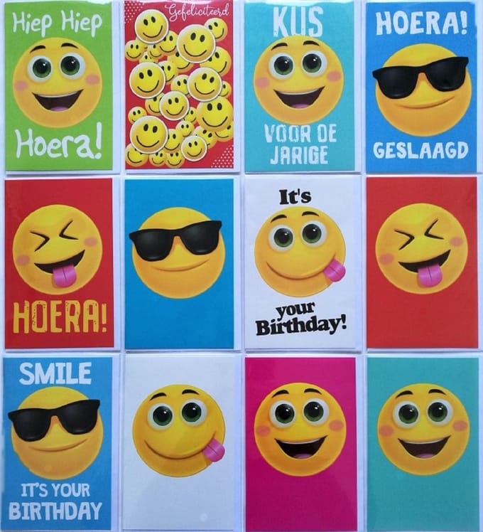 Verjaardag Wenskaarten - 12 Stuks - Smiley’s - 12 X 17 cm - L-200