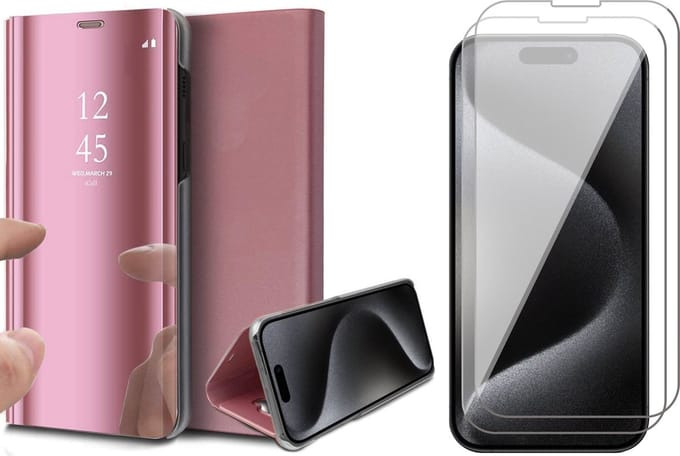 Hoesje geschikt voor iPhone 15 Pro Max - 2x Screen Protector GlassGuard - Book Case Spiegel Roségoud & Screenprotector