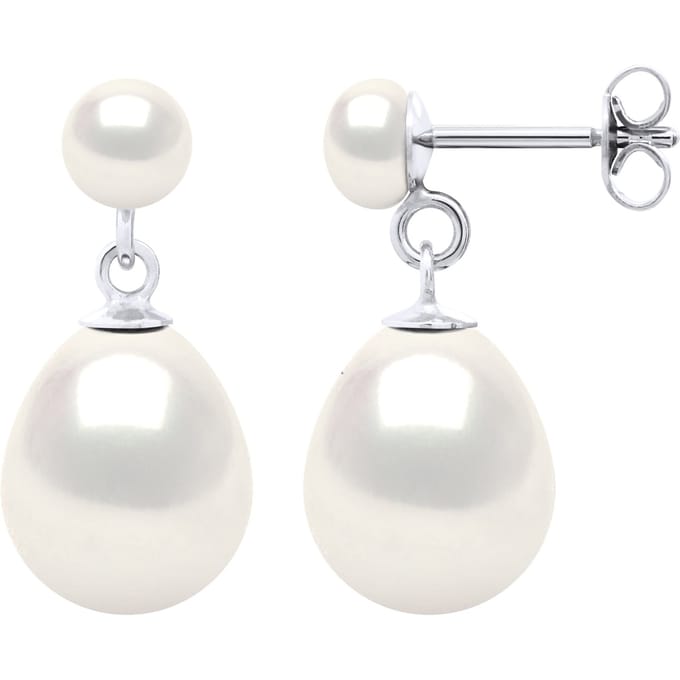 Dubbele Oorbellen Wit Goud - Echte Gekweekte Zoetwaterparels Knop 5-6 mm + Peer 10-11 mm