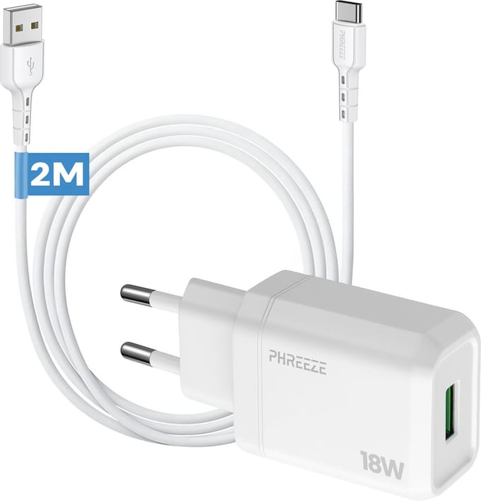 Phreeze usb adapter 5v 3a - Usb A naar usb C kabel 2 meter - Quick charge - Oplader voor telefoon en tablet
