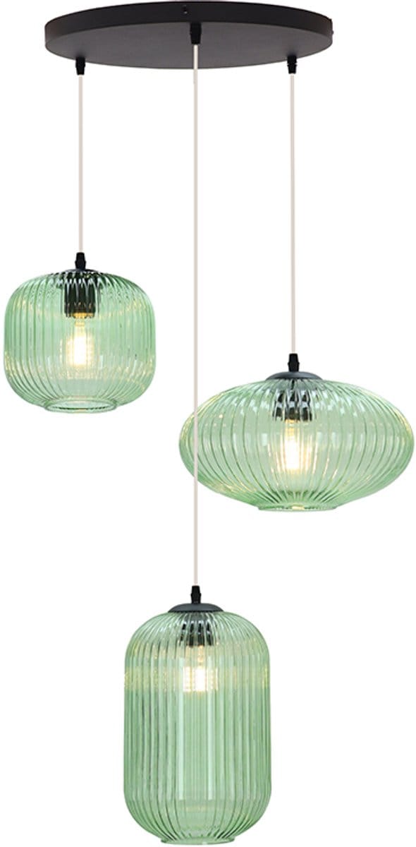 Olucia - CHARLOIS - Hanglamp - Groen / Zwart - 3L - Vorm: Rond