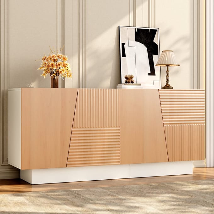 Sweiko Dressoir - Halmeubel - Geometrisch groefpatroon - Verstelbare planken - Natuurlijke + Wit