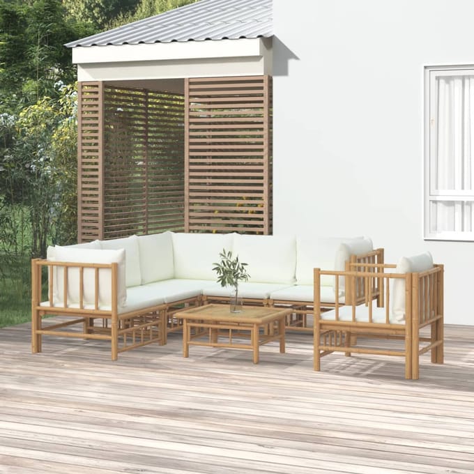 vidaXL - 7-delige - Loungeset - met - kussens - bamboe - crèmewit