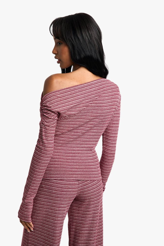 boohoo Dames Gestreepte jersey slordige off-shoulder top | Red | Maat: 12