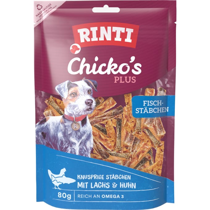 Rinti - Extra Chicko Plus 12x80g - Vissticks met zalm & kip