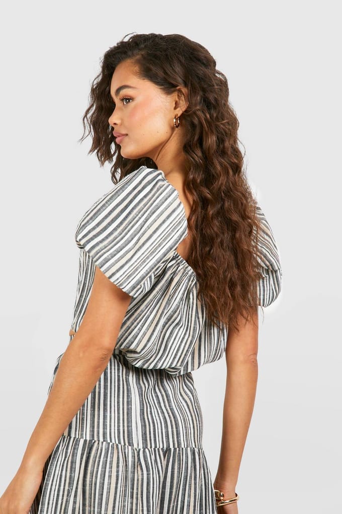 boohoo Dames Tonal Linnen Look Volume Mouw Bardot | Black | Maat: 6
