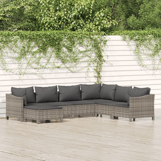 vidaXL - 7-delige - Loungeset - met - kussens - poly - rattan - grijs