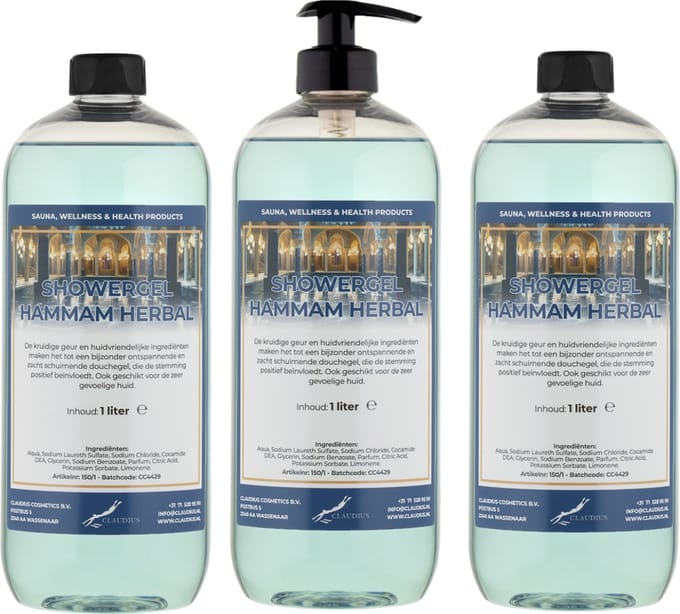 Douchegel Hammam Herbal 1 liter - set van 3 stuks - met gratis pomp - showergel