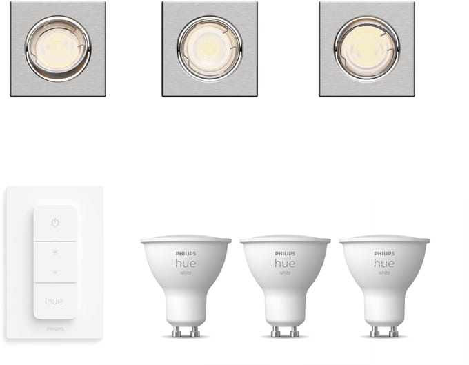 Philips Hue Peridot Set van 3 Inbouwspots (Nikkel) - Vierkant - Richtbaar - GU10 - Warmwit Licht - Incl. Hue Dimmer Switch - Hue White