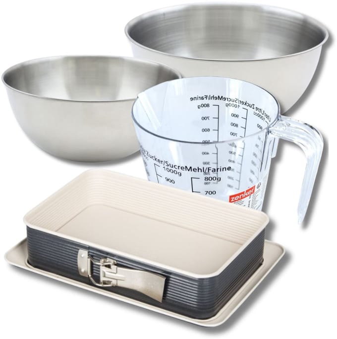 Bakkersset met springvorm 28 x 18 cm, 2 mengkommen, maatbeker en spatel Zenker