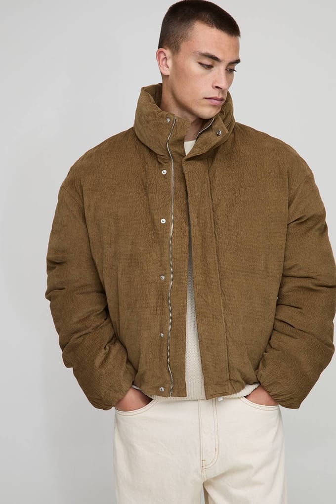 Boxy Fit Textured Velour Funnel Neck Puffer Jacket | Tan | Size Medium