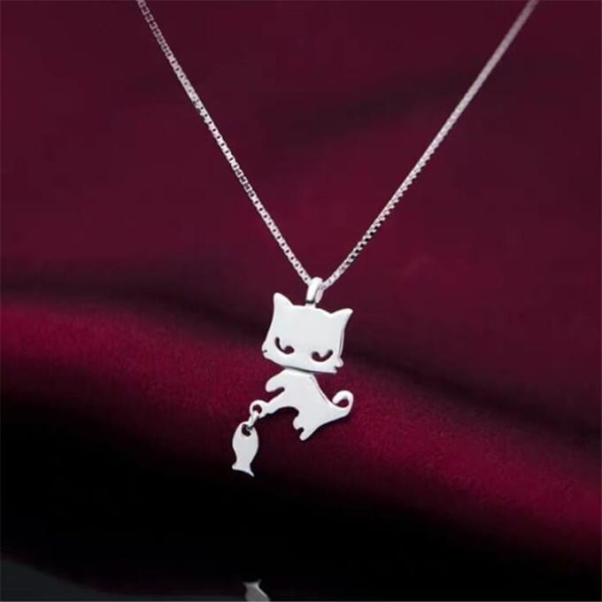 Collier en argent sterling 925 avec pendentif en forme de chat et de poisson, simple et créatif, à la mode, populaire, Xl069 black