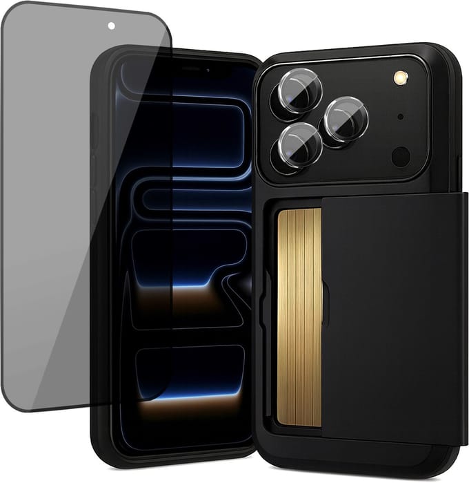 Hoesje met Pasjeshouder geschikt voor iPhone 17 Pro Max - Privacy Screenprotector FullGuard & Camera Lens Screen Protector Zwart - Back Cover SlideCase Zwart