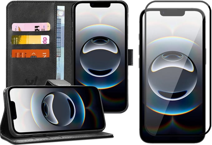 Hoesje geschikt voor iPhone 16e - Screenprotector Volledig Dekkend Glas - Portemonnee Book Case Zwart