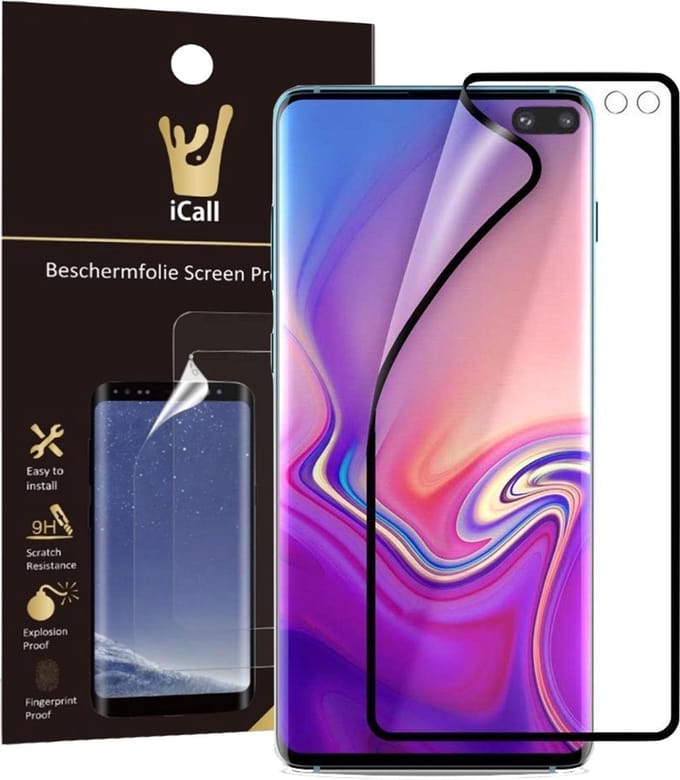 Screenprotector geschikt voor Samsung Galaxy S10 Plus | Glas PET Folie Screen Protector Zwart iCall | Full-Screen