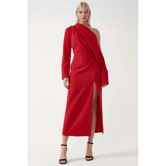 Asymmetrische Kraag Bodycon Midi Jurk met Splits