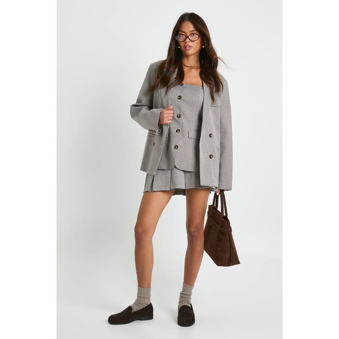 boohoo Dames Tonal Mini Geruit Geplooide Skort | Stone | Maat: 10