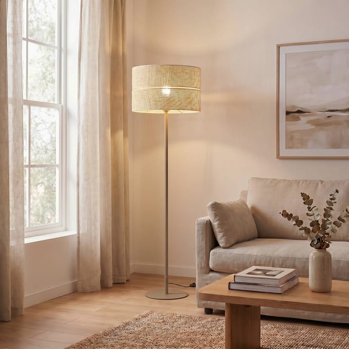 TK Lighting Vloerlamp Calma, beige, raffia, hoogte 159 cm, E27