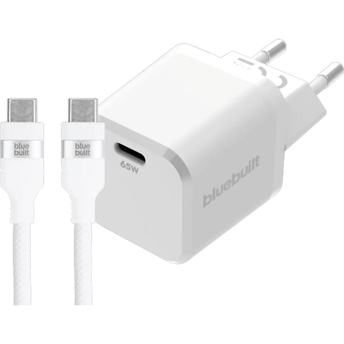 BlueBuilt 65W GaN Usb C Oplader Wit + Usb C Kabel 240W 2m Nylon Wit