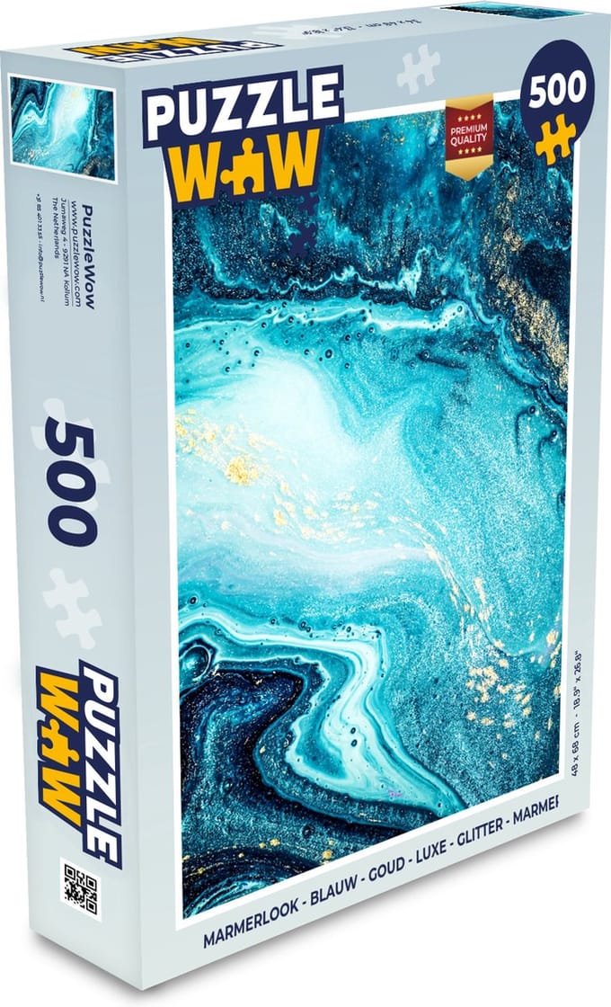 Puzzel Marmerlook - Blauw - Goud - Luxe - Glitter - Marmer print - Legpuzzel - Puzzel 500 stukjes