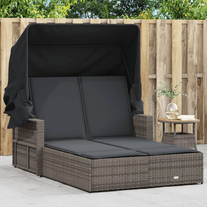 vidaXL - Ligbed - 2-persoons - met - luifel - en - kussens - poly - rattan - grijs