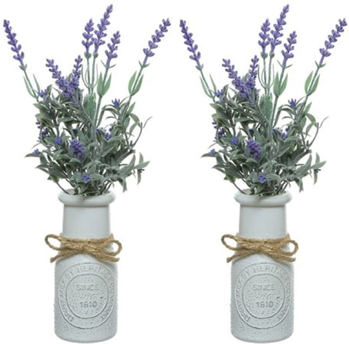 Lavendel kunstplant - 2x stuks - in witte pot - paars - H32 cm - lavandula