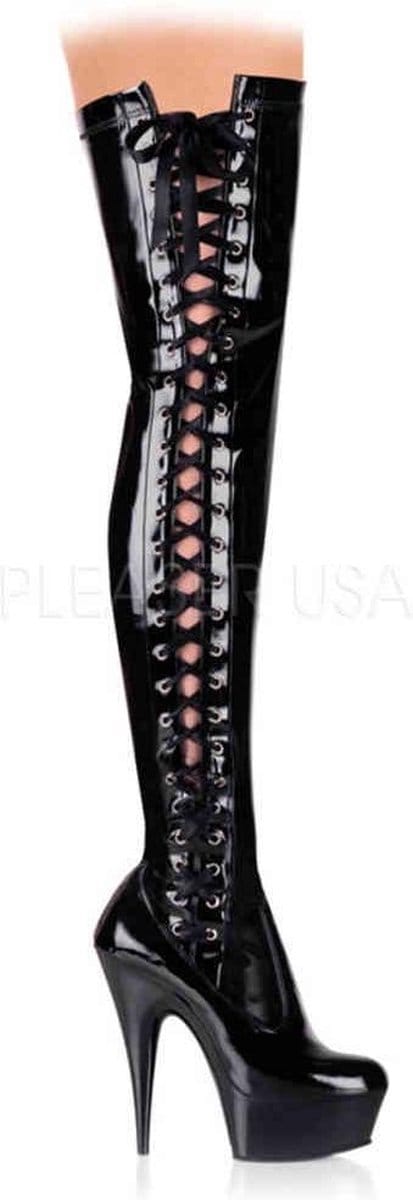 EU 39 = US 9 | DELIGHT-3050 | 6 Heel, 1 3/4 PF Thigh Boot w/Side Ribbon Lace, Side Zip