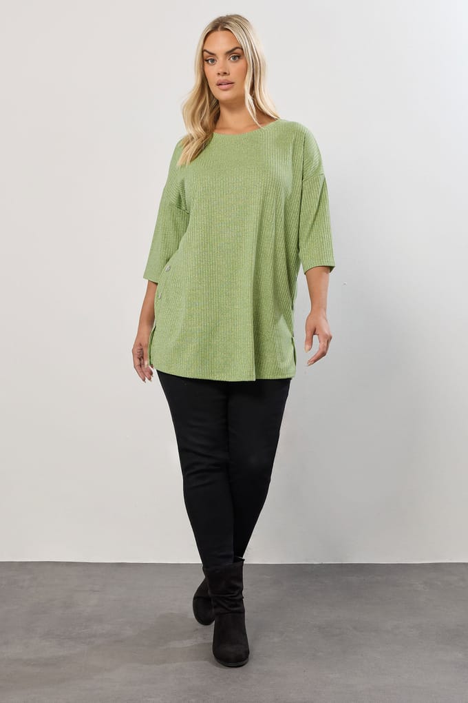 Yours Groene Geribbelde Top Met Knoopjes Aan De Zijkant Size 50-52