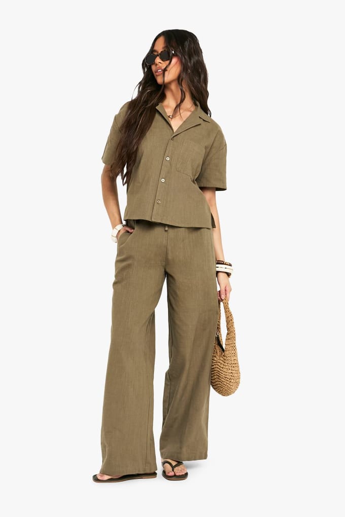 boohoo Dames Linnen Look Short Sleeve Shirt | Kaki | Maat: 42