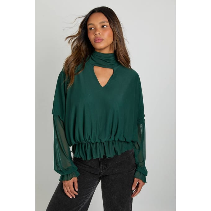 boohoo Dames V-hals mesh blouse met sjaal | Green | Maat: 6