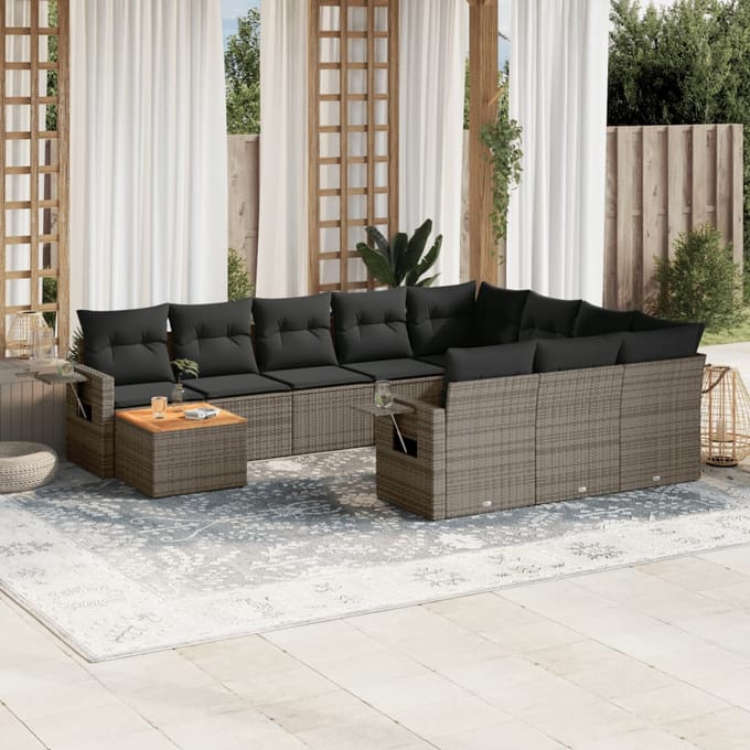 vidaXL - 11-delige - Loungeset - met - kussens - poly - rattan - grijs