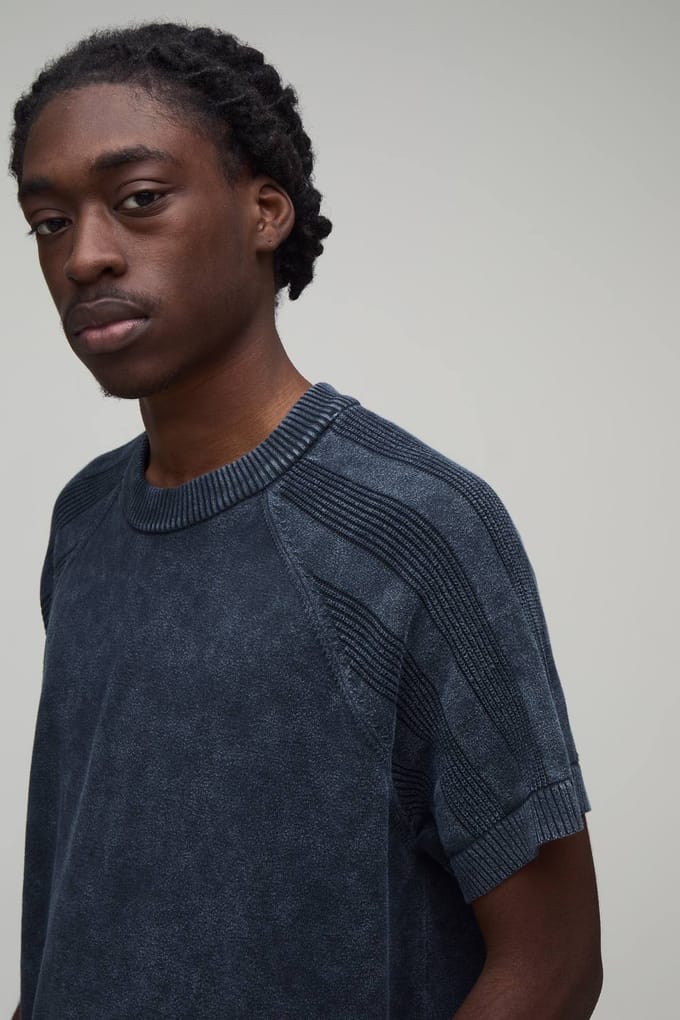 Boxy Fit Acid Wash Geribbeld Gebreid T-shirt | Charcoal | Size Medium