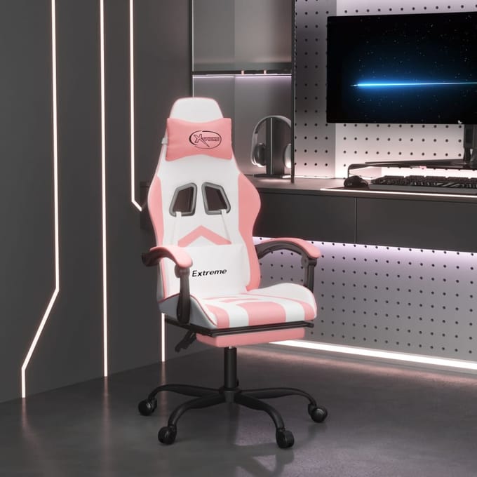 vidaXL Gamestoel met voetensteun kunstleer wit en roze