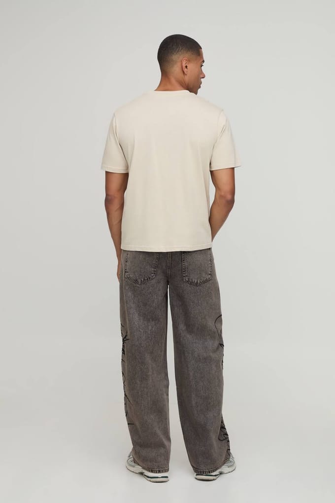 Gothic Graphic Embroidered Baggy Fit Jeans | Stone | Size 58R