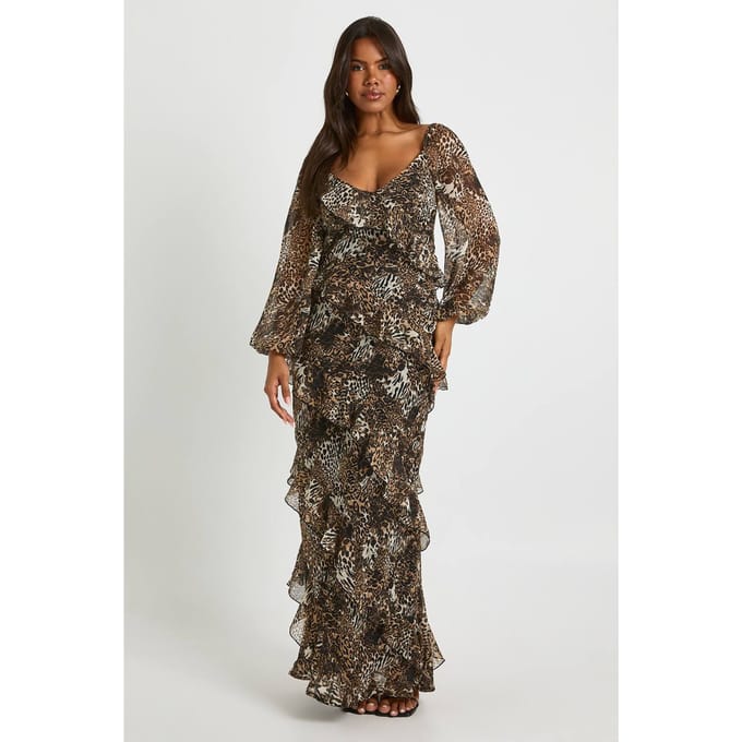 boohoo Dames Luipaard Chiffon Ruche Maxi-jurk | Brown | Maat: 8