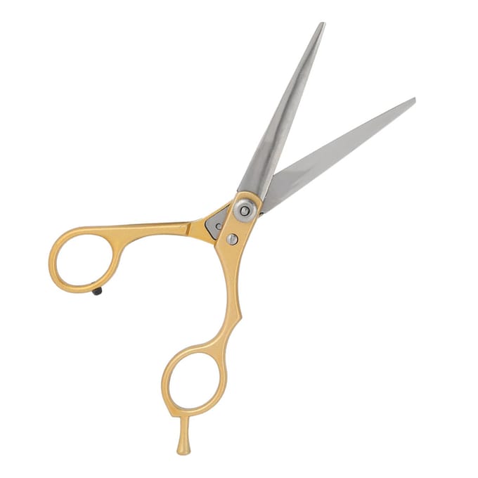 Professionele kappersschaar, kappersschaar, familiesalon, platte tanden, kappersgereedschap, goudkleurig gray