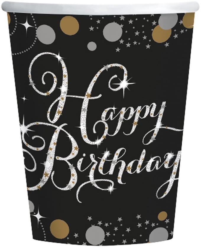 Beker Happy Birthday Sparkling zilver-goud 8 stuks