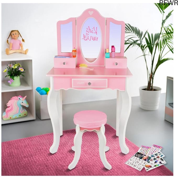 RFWR® Grote make-uptafel voor kinderen met spiegel en accessoires