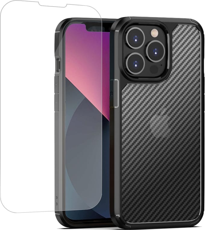 Geschikt voor iPhone 14 Carbon Hoesje + Screenprotector – Gehard Glas Cover - Carbon Shock Proof