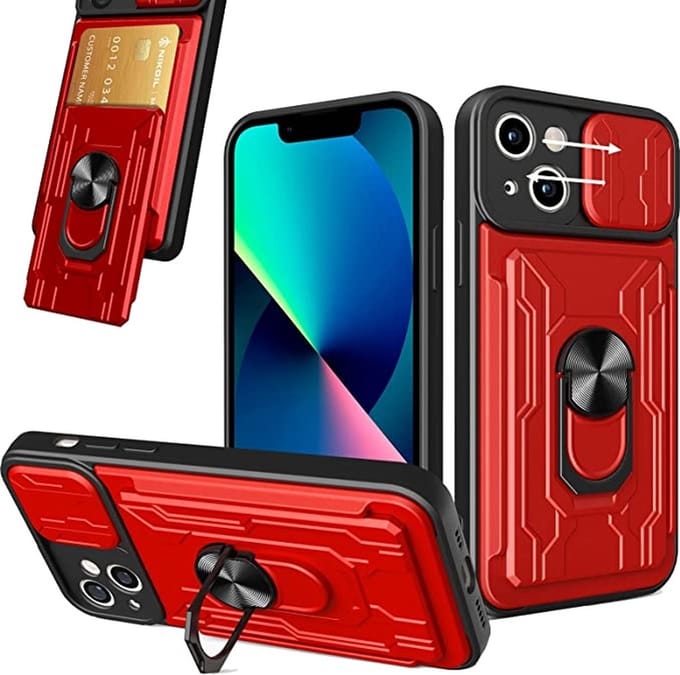 Hoesje Geschikt voor iPhone 13 met pashouder / Ringhouder / lens bescherming – Rood