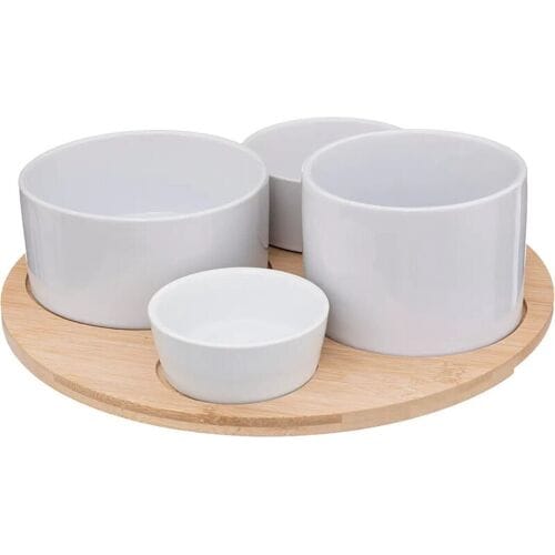 5Five Serveerplank/borrelplank - hapjes/tapas - aardewerk - wit - incl. 4x schaaltjes