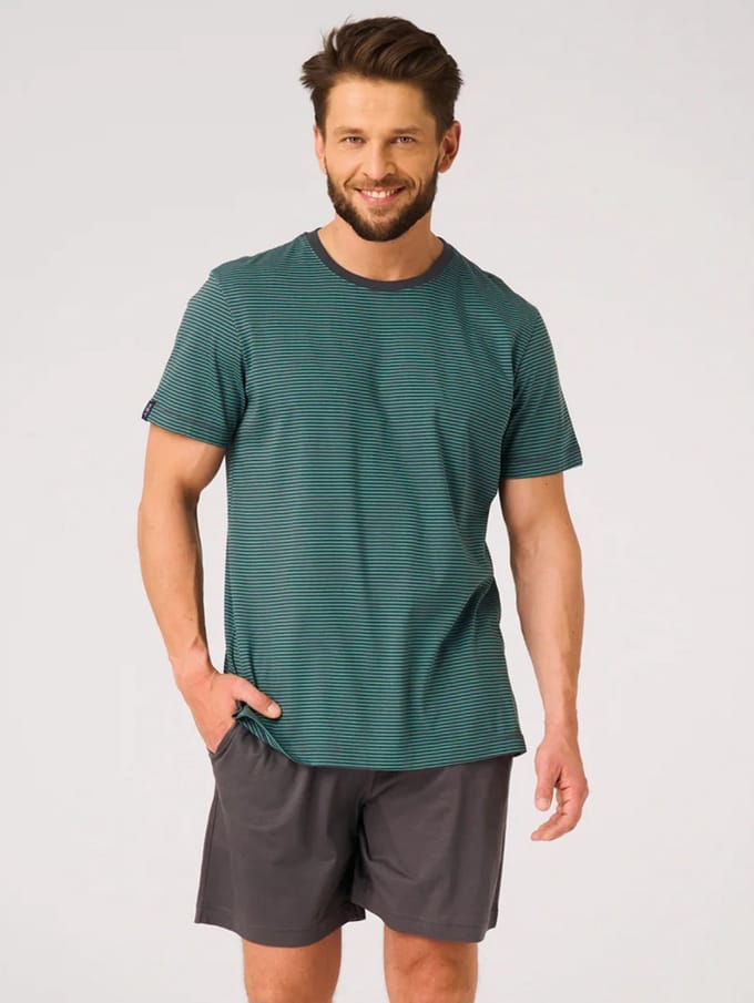 Key Katoenen Heren Pyjama Korte Mouw Streepprint Turquoise Grijs MNS 317 M